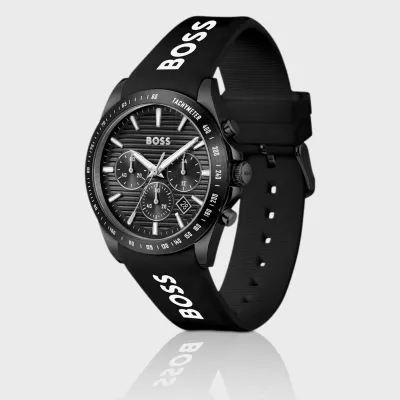 Hugo Boss Strike Black-dial chronograph watch with silicone logo strap